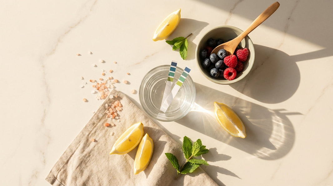 Flat lay of alkaline water with pH test strips, lemon wedges and Himalayan salt in morning light