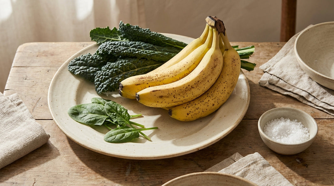 Potassium-rich bananas and leafy greens representing natural electrolyte sources