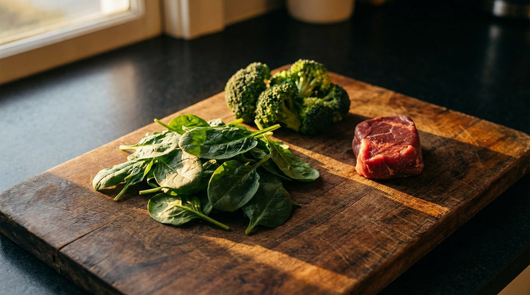 Natural alpha lipoic acid food sources on rustic wooden surface