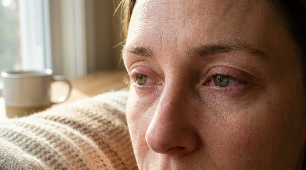 Close-up of tired eyes with subtle redness showing signs of riboflavin deficiency