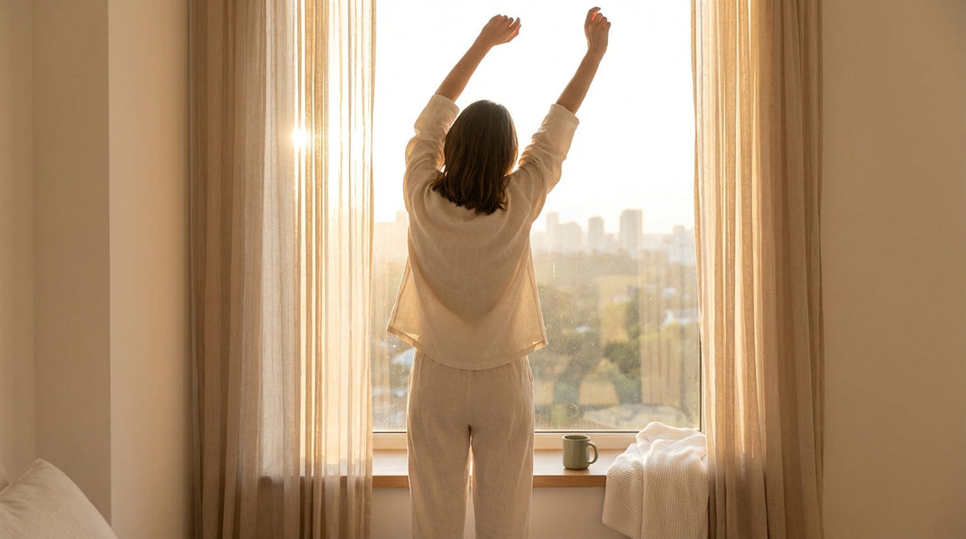 Woman stretching at window in golden morning light, energized and refreshed
