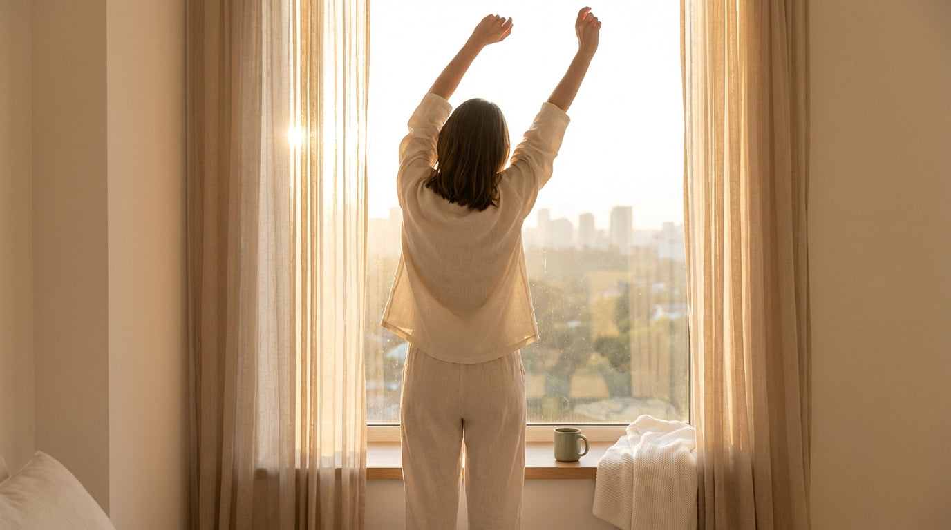 Woman stretching at window in golden morning light, energized and refreshed