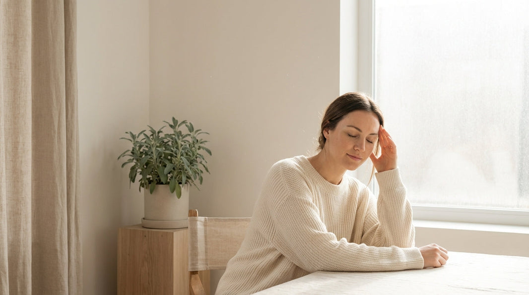 Woman in soft natural light with eyes closed and hand touching temple, calm peaceful expression representing migraine relief
