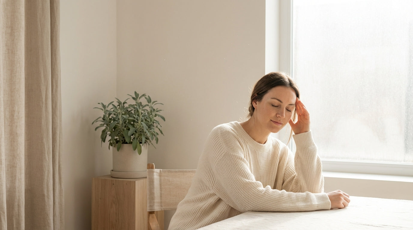 Woman in soft natural light with eyes closed and hand touching temple, calm peaceful expression representing migraine relief