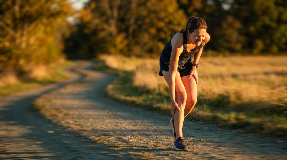Runner grabbing her calf during a morning run, representing muscle cramps as a sign of magnesium deficiency