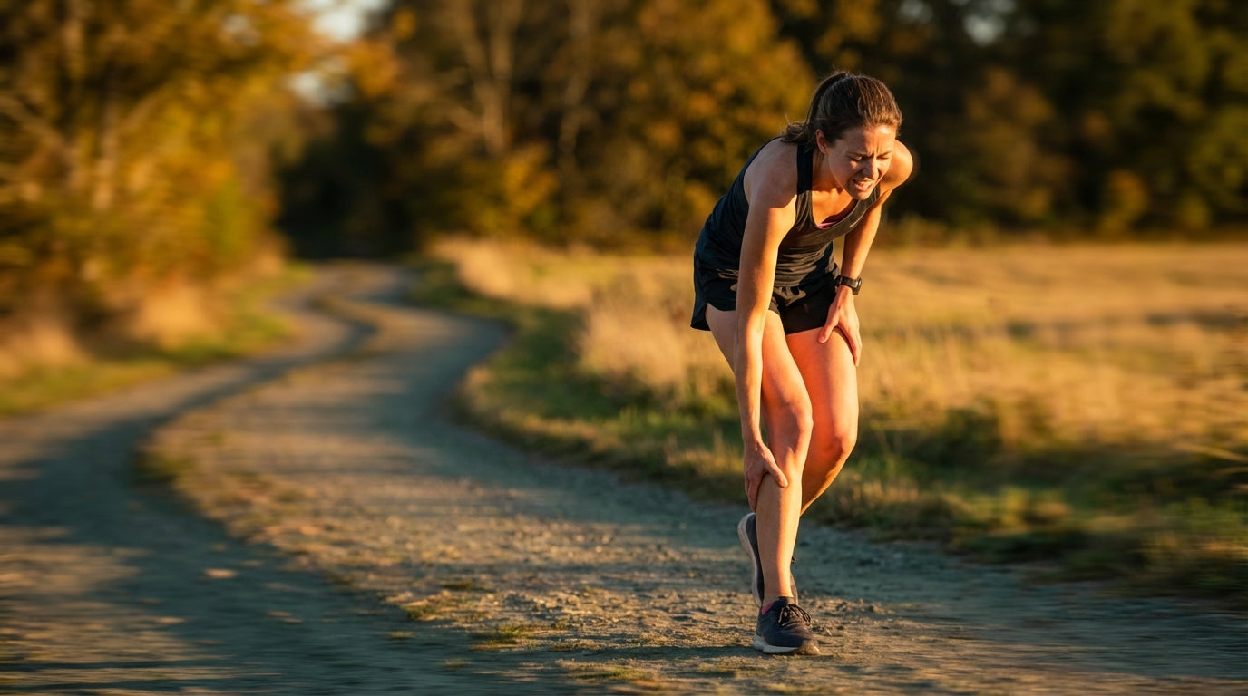 Runner grabbing her calf during a morning run, representing muscle cramps as a sign of magnesium deficiency