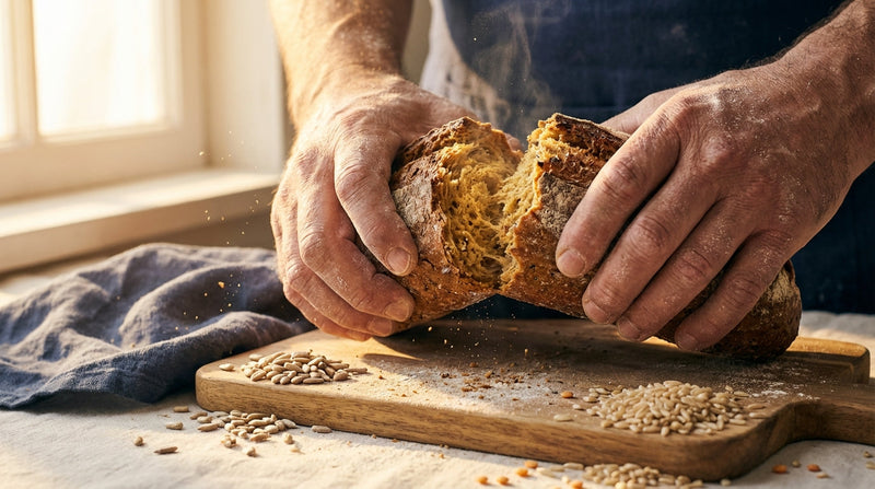 Close-up of hands breaking whole grain bread revealing thiamine-rich golden interior with seeds and grains