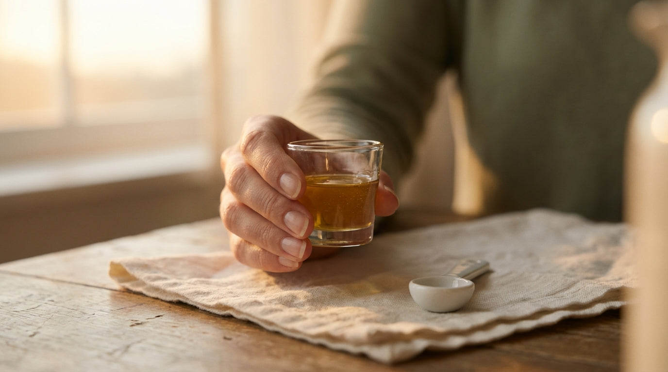 Close-up of a hand holding a measuring cup with golden supplement in warm morning window light