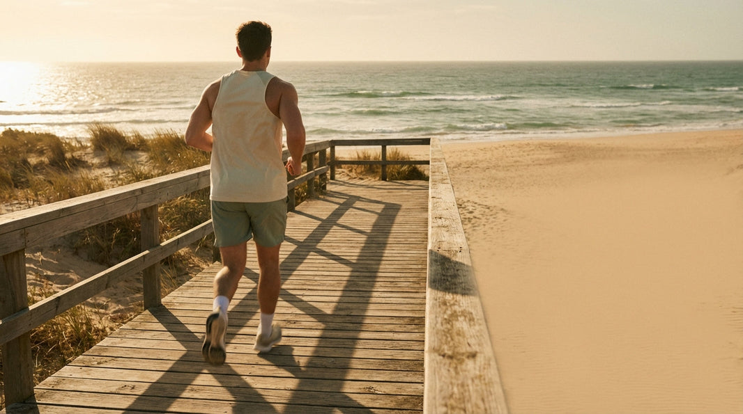 Morning runner on sunlit coastal boardwalk representing thiamine-powered energy and vitality