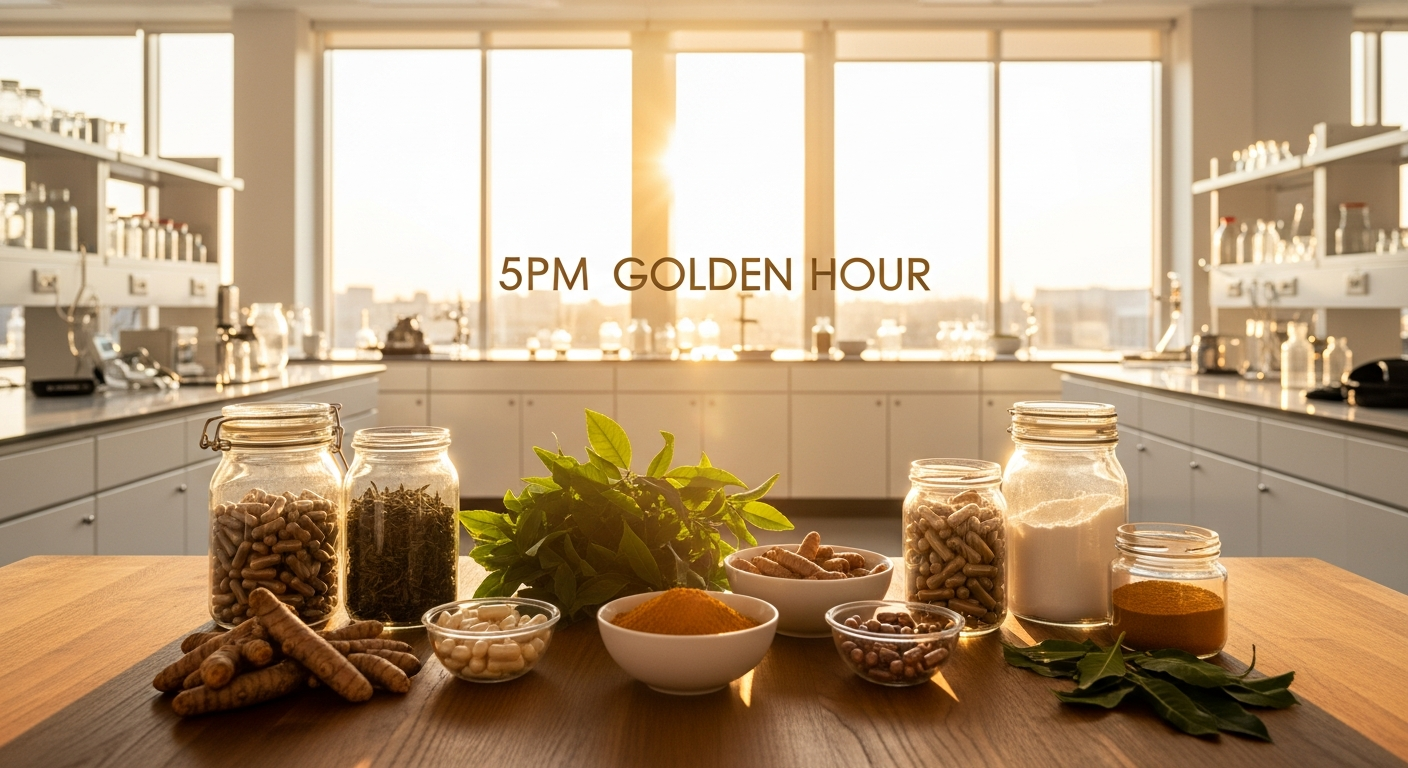 KINDNATURE quality supplement hero — golden hour laboratory with natural ingredients