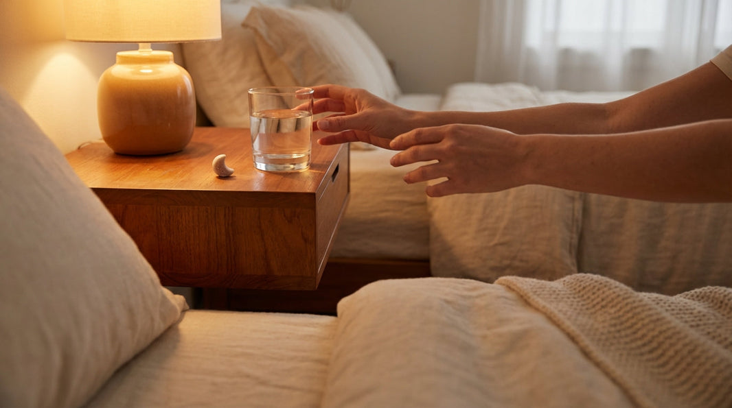 Woman reaching for magnesium supplement on nightstand in soft evening light