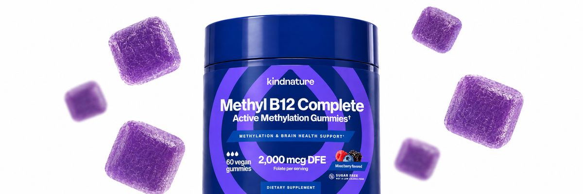 Kindnature Methyl B12 Complete Gummies with floating purple gummies