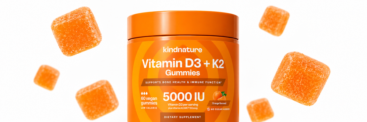 Kindnature Vitamin D3 and K2 Gummies with floating orange gummies